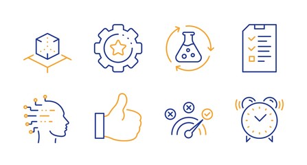 Augmented reality, Correct answer and Settings gear line icons set. Chemistry experiment, Interview and Like signs. Artificial intelligence, Alarm clock symbols. Line augmented reality icon. Vector