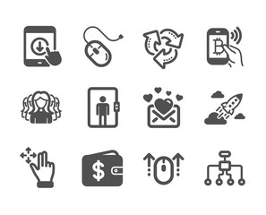 Set of Business icons, such as Restructuring, Swipe up, Dollar wallet, Recycle, Elevator, Scroll down, Move gesture, Love mail, Startup rocket, Computer mouse, Bitcoin pay, Women group. Vector