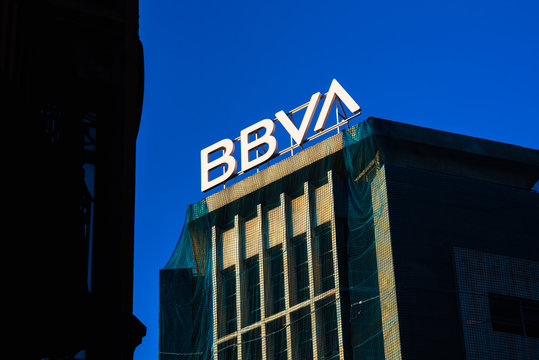 Valencia, Spain - October 4, 2019: Logo on a building of the new corporate image of the BBVA bank.