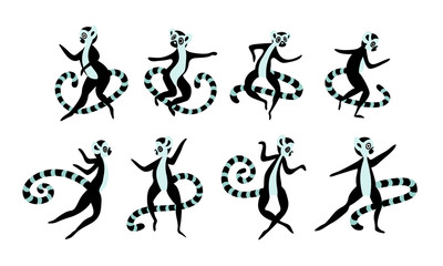 Big set of cute and funny lemurs. Simple drawn madagascar animals isolated on white background. Vector illustration.