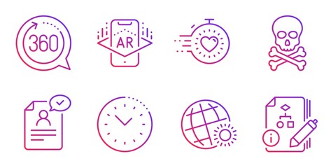 World weather, Augmented reality and Chemical hazard line icons set. 360 degrees, Resume document and Timer signs. Time management, Algorithm symbols. Sunny, Phone simulation. Science set. Vector