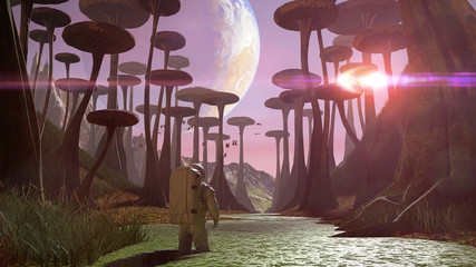 astronaut exploring alien planet landscape, journey to an exoplanet with strange plants and flying creatures © dottedyeti