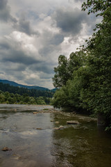 Beautiful view of the mountain river. Summer landscape in cloudy weather. Ukraine, Carpathians.