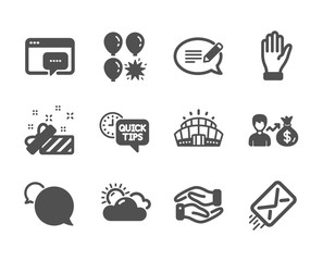 Set of Business icons, such as Helping hand, Seo message, Quick tips, E-mail, Sunny weather, Message, Present, Messenger, Hand, Balloon dart, Arena stadium, Sallary classic icons. Vector