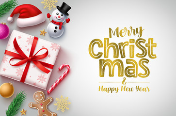 Christmas greeting vector background template. Merry christmas typography text with gold glitters in empty space for messages with xmas decor elements of gift, snowman, santa hat, candy cane, balls.