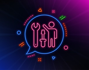 Spanner tool line icon. Neon laser lights. Repairman service sign. Fix instruments symbol. Glow laser speech bubble. Neon lights chat bubble. Banner badge with repairman icon. Vector