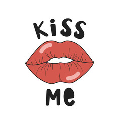 Kiss Me. Vector lettering with lip print on white background