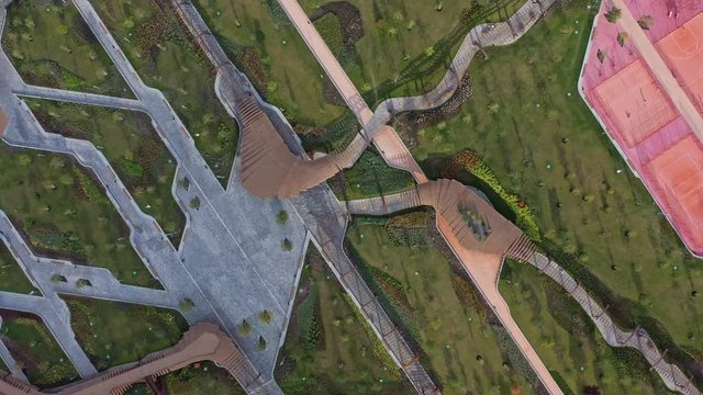 Picturesque drone aerial zoom out view of Park Tiufielieva Roshcha in Moscow, Russia. Park ZILART in the south of Moscow