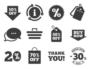 Shopping cart, coupon and buy now signs. Discount offer tag, chat, info icon. Sale discounts icon. 20, 30 and 50 percent off. Special offer symbols. Classic style signs set. Vector