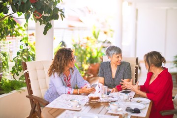 Meeting of middle age women having lunch and drinking coffee. Mature friends smiling happy using smartphone at home on a sunny day