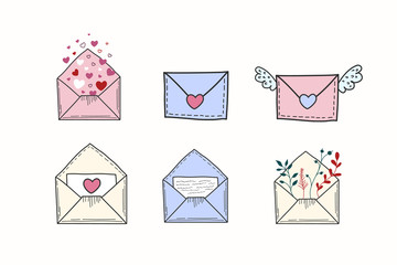 A set of drawn envelopes and letters. Vector color illustration of a love message. Freehand doodle drawing