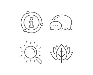 Search line icon. Chat bubble, info sign elements. Find document sign. Magnify glass. Linear search outline icon. Information bubble. Vector