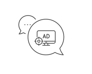 Seo adblock line icon. Chat bubble design. Search engine optimization sign. Target symbol. Outline concept. Thin line seo adblock icon. Vector
