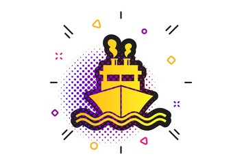 Ship or boat sign icon. Halftone dots pattern. Shipping delivery symbol. Smoke from chimneys or pipes. Classic flat ship icon. Vector