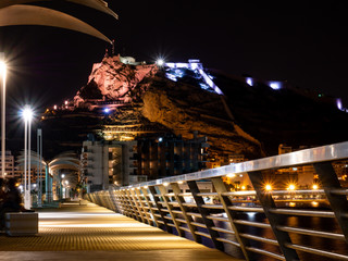 Alicante Marina and Santa Barbara Castle at night
