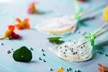 pattern of candy, flowers and pastry silver beads