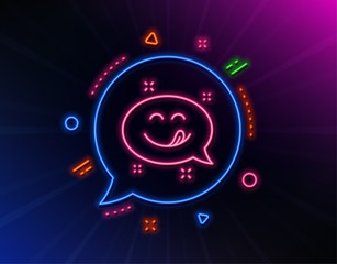Yummy smile line icon. Neon laser lights. Emoticon with tongue sign. Speech bubble symbol. Glow laser speech bubble. Neon lights chat bubble. Banner badge with yummy smile icon. Vector