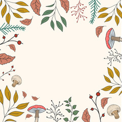 Frame of autumn plants. Vector color illustration with leaves, mushrooms, autumn foliage.