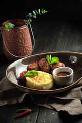 Bacon meat rolls with mashed potatoes. catering menu