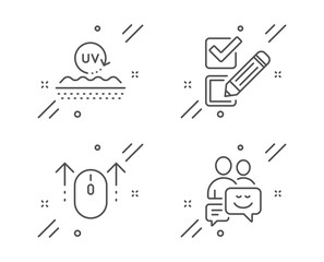 Swipe up, Uv protection and Checkbox line icons set. Communication sign. Scrolling page, Skin cream, Survey choice. Business messages. Business set. Line swipe up outline icon. Vector