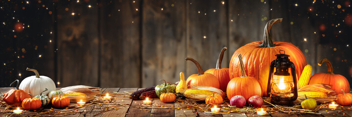 Wooden Table With Lantern And Candles Decorated With Pumpkins, Corncobs, Apples And Gourds With Wooden Background - Thanksgiving / Harvest Concept - obrazy, fototapety, plakaty