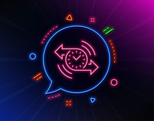Timer line icon. Neon laser lights. Time or clock sign. Glow laser speech bubble. Neon lights chat bubble. Banner badge with timer icon. Vector