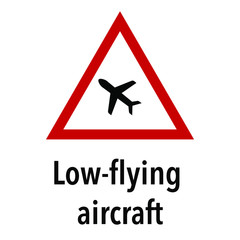 Low flying aircraft Information and Warning Road, caution traffic street sign, vector illustration isolated on white background for learning, education, driving courses, sticker, icon.