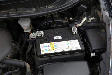 Winnipeg, Manitoba / Canada - October 6, 2019: Close-up of Kia Rio Battery.
