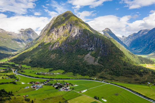 Aerial View of Fjaerland,The village of Fjaerland near Skeisnipa Mountain.