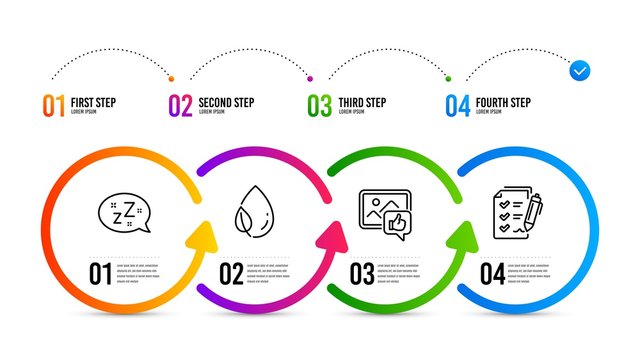 Survey checklist sign. Infographics timeline. Like photo, Leaf dew and Sleep line icons set. Thumbs up, Water drop, Zzz bubble. Report. Business set. Like photo icon. Timeline diagram. Vector