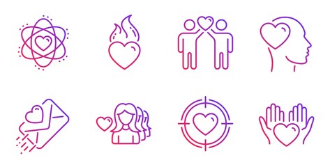 Heart flame, Atom and Friends couple line icons set. Woman love, Friend and Love letter signs. Valentine target, Hold heart symbols. Electron, Friendship. Love set. Gradient heart flame icon. Vector