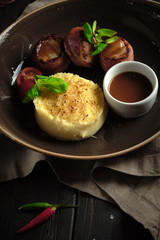 Bacon meat rolls with mashed potatoes. catering menu