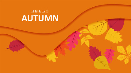 Hello autumn greetings vector design with yellow maple leaf and a background of colorful fall season leaves vector