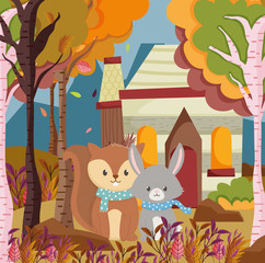 cute squirrel and rabbit cottage forest hello autumn