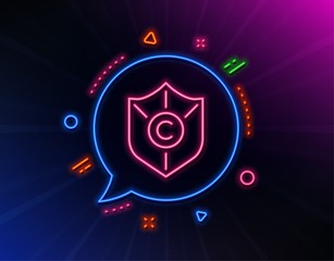 Copyright protection line icon. Neon laser lights. Copywriting sign. Shield symbol. Glow laser speech bubble. Neon lights chat bubble. Banner badge with copyright protection icon. Vector