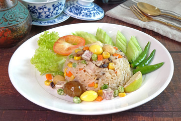 Eight immortals fried rice (or Baxian rice), Fragrance fried rice with chestnut, ginkgo biloba, mushroom, lotus seeds, sweet pea, taro, carrot and corns. Vegetarian food for vegetarian festival.