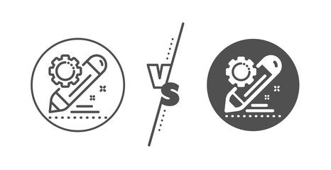 Settings management sign. Versus concept. Project edit line icon. Pencil symbol. Line vs classic project edit icon. Vector