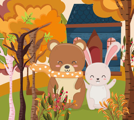 cute bear and rabbit cottage forest hello autumn