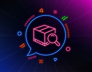 Search package line icon. Neon laser lights. Delivery box sign. Parcel tracking symbol. Glow laser speech bubble. Neon lights chat bubble. Banner badge with search package icon. Vector
