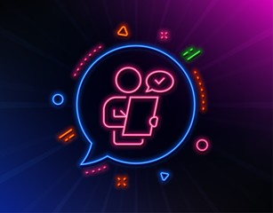 Customer survey line icon. Neon laser lights. Contract application sign. Agreement document symbol. Glow laser speech bubble. Neon lights chat bubble. Banner badge with customer survey icon. Vector