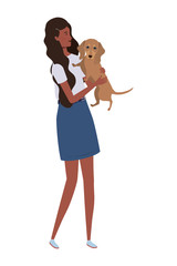young afro woman lifting cute dog mascot characters