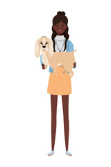 young afro woman lifting cute dog mascot characters