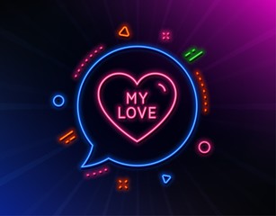 My love line icon. Neon laser lights. Sweet heart sign. Valentine day symbol. Glow laser speech bubble. Neon lights chat bubble. Banner badge with my love icon. Vector