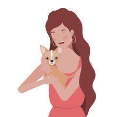 young woman lifting cute dog mascot characters