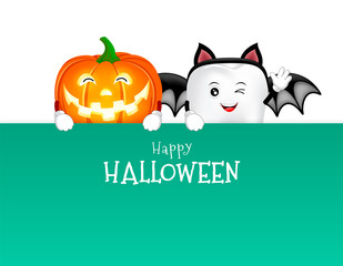 Cartoon tooth holding blank paper banner for text. Happy Halloween concept. Illustration design for banner, postcard, poster.