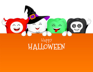 Cartoon tooth holding blank paper banner for text. Happy Halloween concept. Illustration design for banner, postcard, poster.