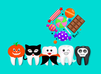 Cartoon spooky tooth in Halloween costumes with candies. Trick or treat, Halloween concept. Illustration isolated on blue background.