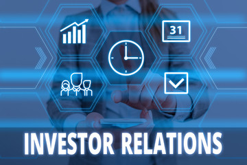Writing note showing Investor Relations. Business concept for analysisagement responsibility that integrates finance Woman wear formal work suit presenting presentation using smart device