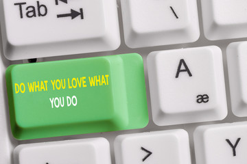 Text sign showing Do What You Love What You Do. Business photo showcasing Make things that motivate yourself Passion White pc keyboard with empty note paper above white background key copy space