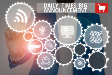 Text sign showing Daily Times Big Announcement. Business photo showcasing bringing actions fast using website or tv Male human wear formal work suit presenting presentation using smart device